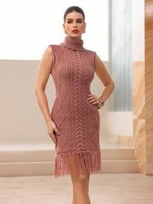 Modelyn Elegantes Damen-Strickkleid mit Zopfmuster, Rollkragen und Fransen-Saum, ärmellos - Pink - Übersicht 2