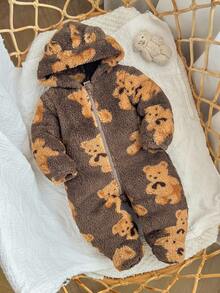 SHEIN Newborn Baby Boy/Girl Cute Furry Cartoon Pattern Hooded Jumpsuit, Autumn/Winter - Brown - View 3