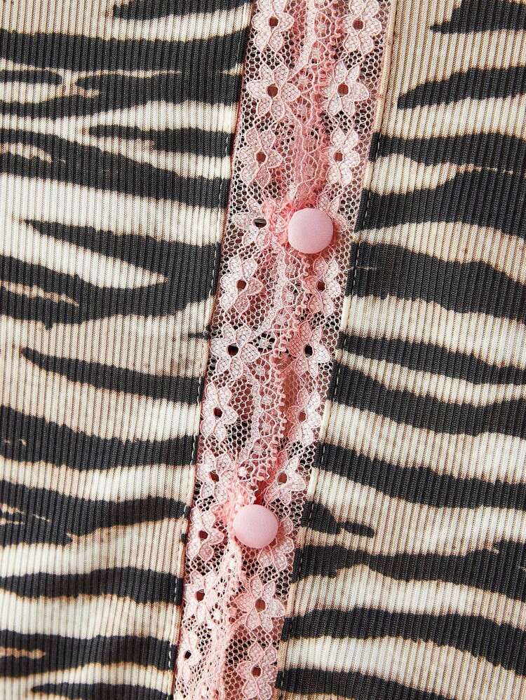 Zebra Print Long Sleeve Top With Pink Lace Trim And Button Opening Going Out Winter Women Spring Summer Animal Print Top Elegant Top