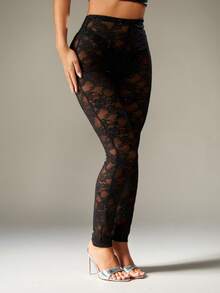 MISSGUIDED Sparkly Black Lace Pattern Leggings Evening Party Club Festival Holiday Night Out Glitter Mesh Stretch Pants Sheer Floral Transparent - Black - View 3