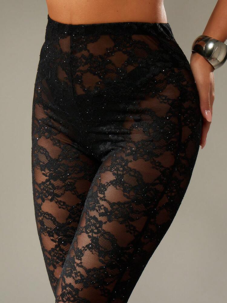 MISSGUIDED Sparkly Black Lace Pattern Leggings Evening Party Club Festival Holiday Night Out Glitter Mesh Stretch Pants Sheer Floral Transparent