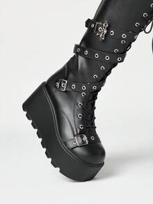 ROMWE Grunge Punk Giày bốt cao đến đầu gối, đế dày, mũi tròn, phong cách Punk, kiểu dáng thời trang ngoài trời mùa thu/đông 2025 - màu đen - Xem 3