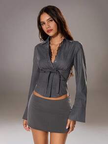 TRNVIE 1pc Women's Gray Striped Lace Patchwork V-Neck Long Sleeve Casual, Commuting, Leisure Blouse - Grey - View 7