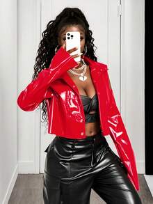 SHEIN BamGlam 女式可拆卸长袖红色 PU 皮夹克 - 紅色 - 查看 4