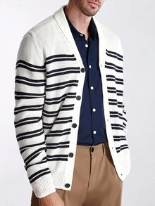 Manfinity CityGents Men's V-Neck Front Button Striped Print Long Sleeve Cardigan Parka, For Fall Winter - White - View 6