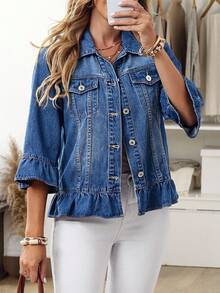 EMERY ROSE Women's Casual Washed Denim Jacket With Ruffle Hem,New Denim Jacket For Autumn And Winter, Romantic Ruffled Waist Denim Short Jacket