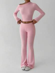 FavEase مجموعة من 2 قطعة، ملابس علوية بأكمام ضيقة مقلوبة وبنطال ذو خصر عالي وجرس، ملابس نسائية متعددة الاستخدامات للارتداء في المكتب والرياضة والمنزل، مناسبة للخريف والشتاء - وردي - مشاهدة 6