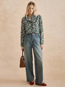 Écloséra Áo cánh nữ cổ bèo nhún họa tiết hoa nhỏ thanh lịch, giản dị, thu/đông - Màu xanh lá cây đậm - Xem 4