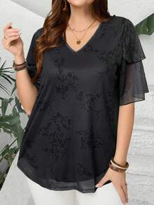 EMERY ROSE Blusa holgada de mujer talla grande con cuello en V, mangas cortas con volantes, para verano, vacaciones, sencilla y de moda para uso diario, vibras de vacaciones, primavera, uso casual, estilo bohemio