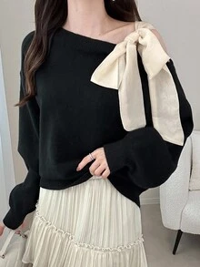 FRIFUL 女士撞色不对称肩部宽松休闲蝴蝶结毛衣，适合秋季穿着