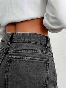 EURMUSE Low Waist Back Jacron Detailed Wideleg Jean - Dark Grey - View 3