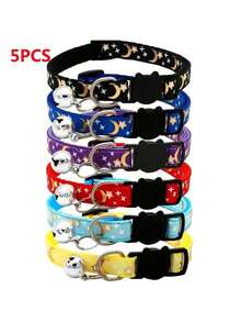 5pcs Random Star & Moon Pattern Pet Collar With Bell, Adjustable Dog Collar With Buckle Pet Accessories - Multicolor - View 11