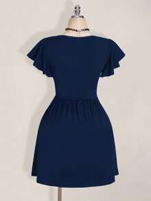 SHEIN ICON Plus Size Solid Color Minimalist Square Neck Ruffle Sleeve Dress - Navy Blue - View 2