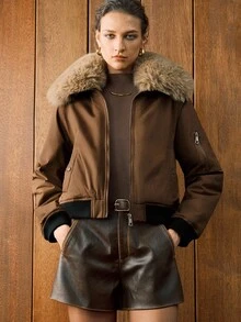 Arave 女式蓬松毛绒大衣领，可拆卸翻领设计，斜口袋，撞色袖口和螺纹袖口。女士秋装夹棉夹克，冬季服装，拉链女士冬季夹克，棕色夹克，女士外套，女士夹克，女士大衣