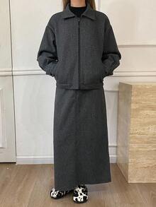 Livesso 女士秋冬宽松商务休闲外套和直筒裙两件套，适合办公室通勤。 - 深灰色 - 查看 5