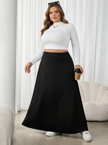 SHEIN CURVE+ Plus Size Women Black High Waist Casual Mid-Length Skirt - Black - View 8