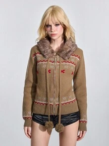 ROMWE Avant Cárdigan con capucha de manga larga, estilo universitario retro Y2K, con estampado jacquard marrón de estilo Fair Isle y textura suave para mujeres - Café integral - Ver 6