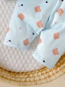 SHEIN 2件套新生儿可爱小熊图案上衣和裤子，婴儿男女通用春秋冬季套装 - 藍色 - 查看 4