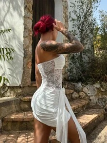 Bearsaez Robe mini ajustée avec panneau de dentelle sexy et élégant, décoration florale, pour plage et villégiature - Blanc - Voir 3