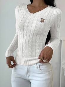 SHEIN EZwear Suéter de mujer con bordado de oso, de cuello en V, de manga larga, suéter con bordado de oso Teddy, suéter de punto de cable, suéter blanco, jersey para mujer, jersey blanco, ropa de otoño e invierno para mujer