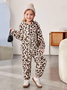 SHEIN 年轻女孩针织连帽豹纹连体裤，休闲家居服 - 卡其色 - 查看 3