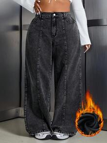 SHEIN CURVE+ Plus Size Casual Simple Denim Jeans, Suitable For Summer,Curve Plus ,Hoho Vacation - Black - View 1