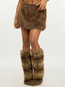 SUMWON 人造毛皮迷你裙毛绒冬季节日派对裙高腰蓬松短裙搭配暖腿套假日俱乐部时尚装 - 棕色 - 查看 1