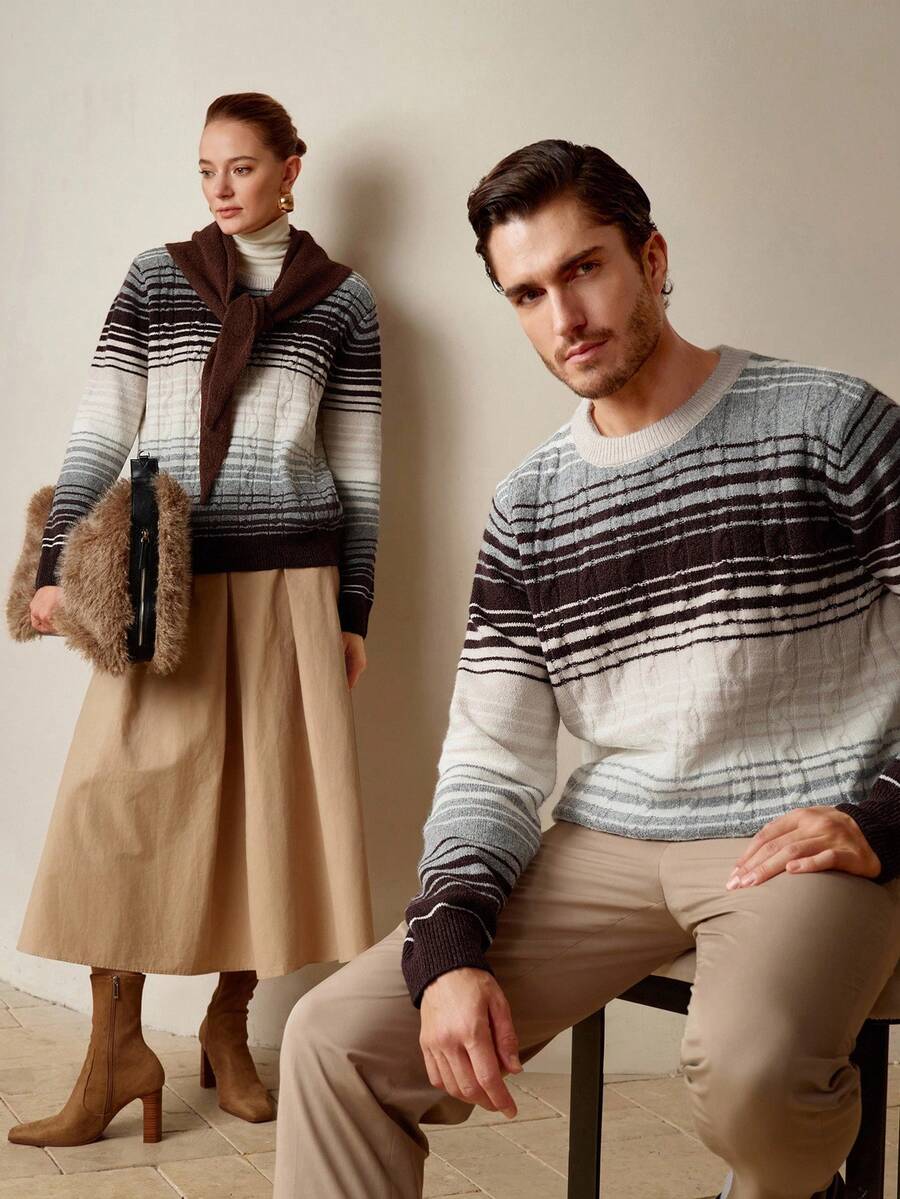 Manfinity CityGents 男士休闲拼色条纹毛衣，秋冬 - 彩色 - 查看 1