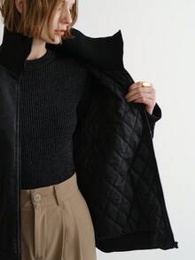 FRIFUL Women's Black Solid Color PU Fabric Stand Collar, Cuff & Hem Drawstring Loose Casual Padded Coat, Suitable For Autumn/Winter Jacket