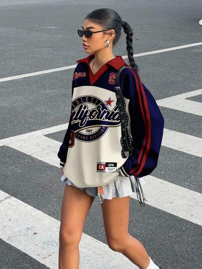 SHEIN EZwear 休闲复古运动风格拼色数字运动衫，加大码女式拼色 Polo 领长袖宽松 T 恤，适合秋冬季