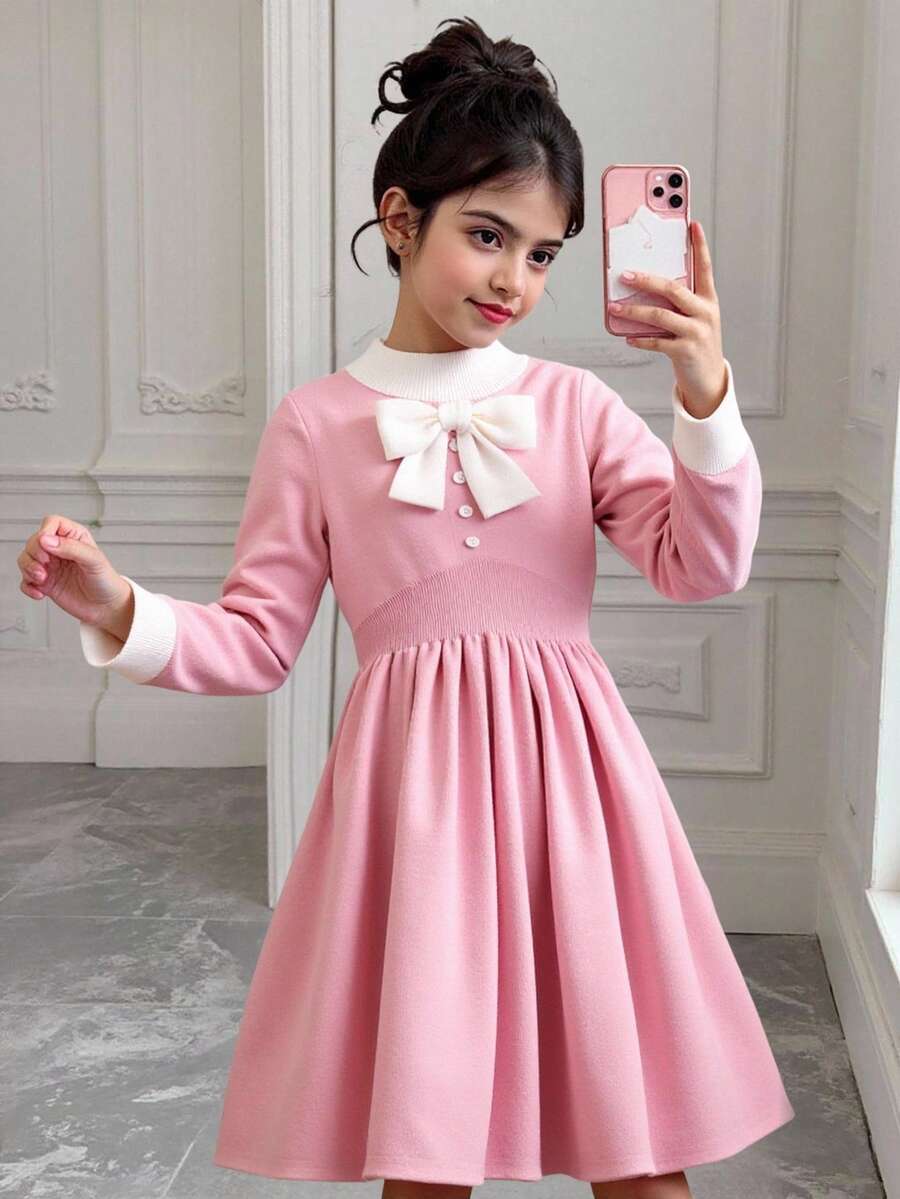 SHEIN 毛衣连衣裙，冬季服装，冬季套装，儿童冬季服装，秋季服装，万圣节，万圣节服装，圣诞节服装，休闲简约收腰长袖女童毛衣连衣裙 - 粉色 - 查看 1