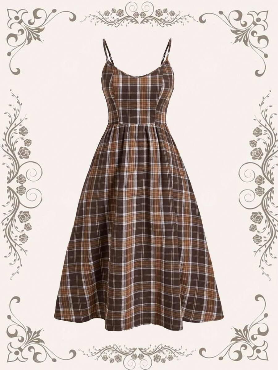 SHEIN MOD Plus Size Brown Brushed Plaid Spaghetti Strap Dress For Summer - Brown - View 1
