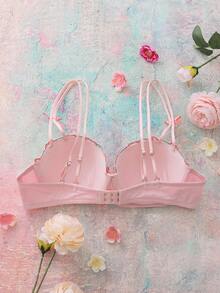 FloralLove 2pcs Underwire Molded Cup Push Up Floral Contrast Color Embroidery Ruffle Cute Fresh Comfy Balconette Romantic Ladies Bra Floral Bra Cute Push Up Bra Pink Push Up Bra Balconette Bras