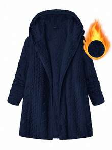 SHEIN Clasi 大码女式纹理长袖拉链连帽休闲夹克，秋冬 - 寶藍色 - 查看 1