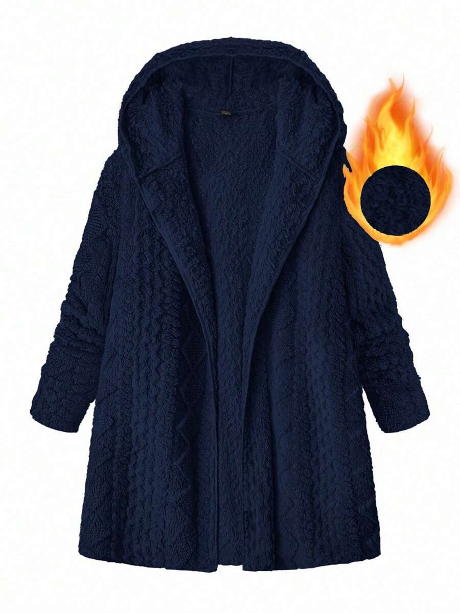 SHEIN Clasi 大码女式纹理长袖拉链连帽休闲夹克，秋冬 - 寶藍色 - 查看 1