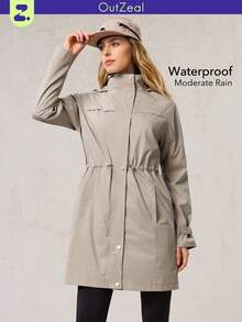 OutZeal 女式防水抽绳腰侧口袋长款户外夹克徒步露营秋冬 - 卡其色 - 查看 1