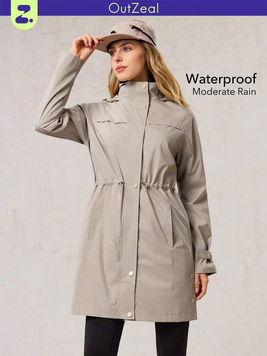 OutZeal 女式防水抽绳腰侧口袋长款户外夹克徒步露营秋冬 - 卡其色 - 查看 1