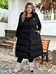 SHEIN CURVE+ Plus Size Women Black Hooded Bunny Ear Padded Vest Coat,Autumn Casual Hiking Puffer Vest,Curve Winter Clothes 8xl,6xl Fall Back To School Outfits - Black - View 8
