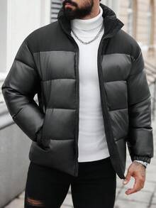 Manfinity Homme 男士长袖拉链开襟保暖冬装外套，宽松轻便 - 黑色 - 查看 3