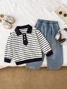 Genkimix Kids 2pcs Young Boys Casual Long Sleeve Top And Pants Denim Two Pieces Outfits