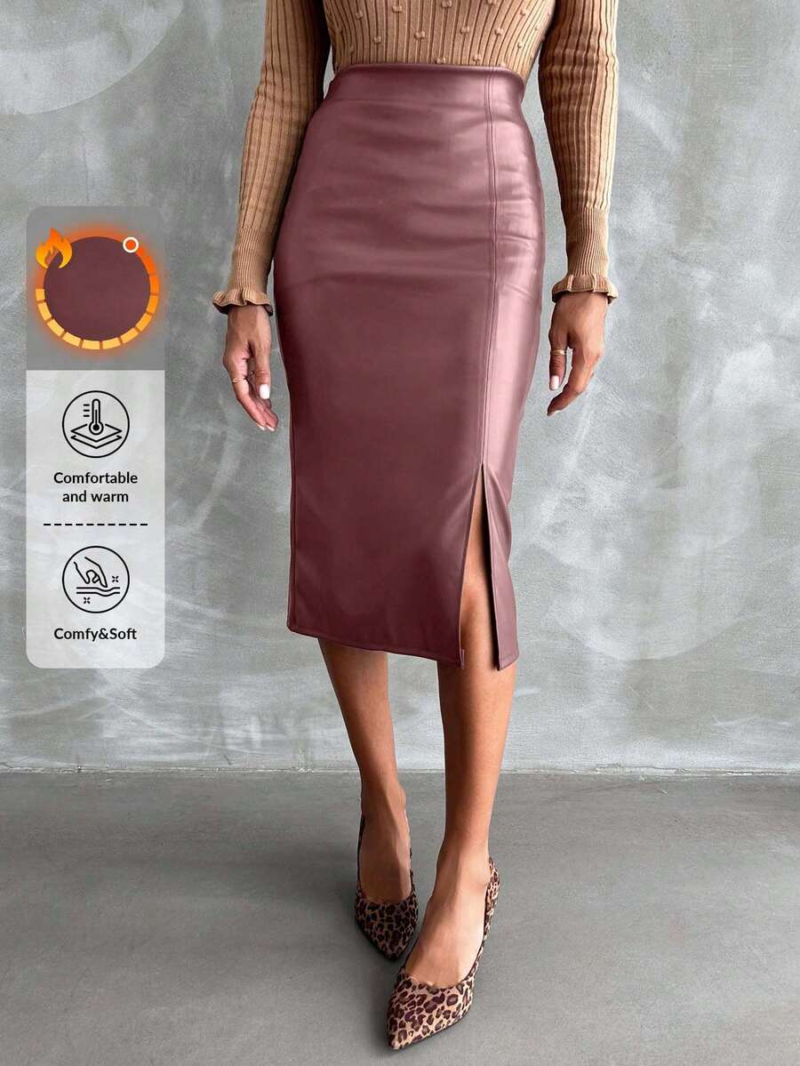 EURMUSE 女式纯色高腰 PU 皮革侧开衩优雅铅笔裙 - 粉色 - 查看 1
