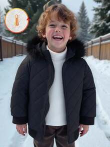 SHEIN 男童保暖绗缝连帽冬季外套，时尚毛领棉袄，百搭 - 黑色 - 查看 1