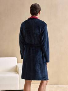 Herrmorgonrock med kontrastfärg, sjalhals, broderi, knytband i midjan, lapptäcke och fickor, för höst/vinter, fluffig, mysig - Multifärgad - Visa 2