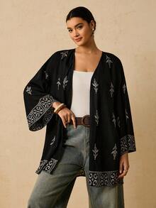 Travachic Plus Size Casual Geometric Pattern Loose Cardigan Shirt For Women, Autumn
