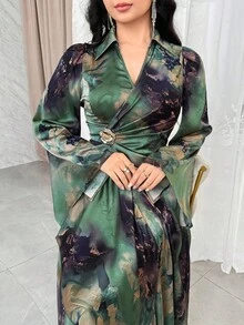 Modelyn Women's Elegant Floral Print Flare Sleeve Dress Green Floral Dress Women Green Satin Dress