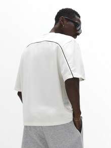 SUMWON 短款落肩滚边T恤 经典复古学院风罗纹圆领 高街时尚 纯色 - 杏色 - 查看 2