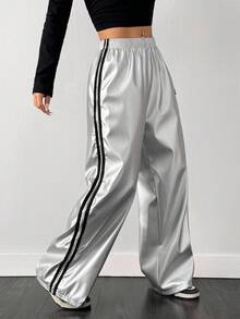 SHEIN EZwear Quần dài ống đứng rộng rãi cỡ lớn màu bạc thường ngày - Bạc - Xem 3