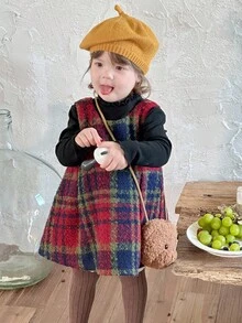 DAZY 女童格子韩版无袖方领中长连衣裙，秋冬圣诞款