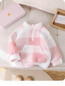 SHEIN 女婴可爱温暖格子羊毛领拉链连帽衫，适合外出，秋冬季（2 件母女配套服装单独出售）