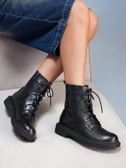 CUCCOO GRLICON 女士时尚圆头厚底黑色靴子，侧拉链系带靴，适合各种场合，易于穿着